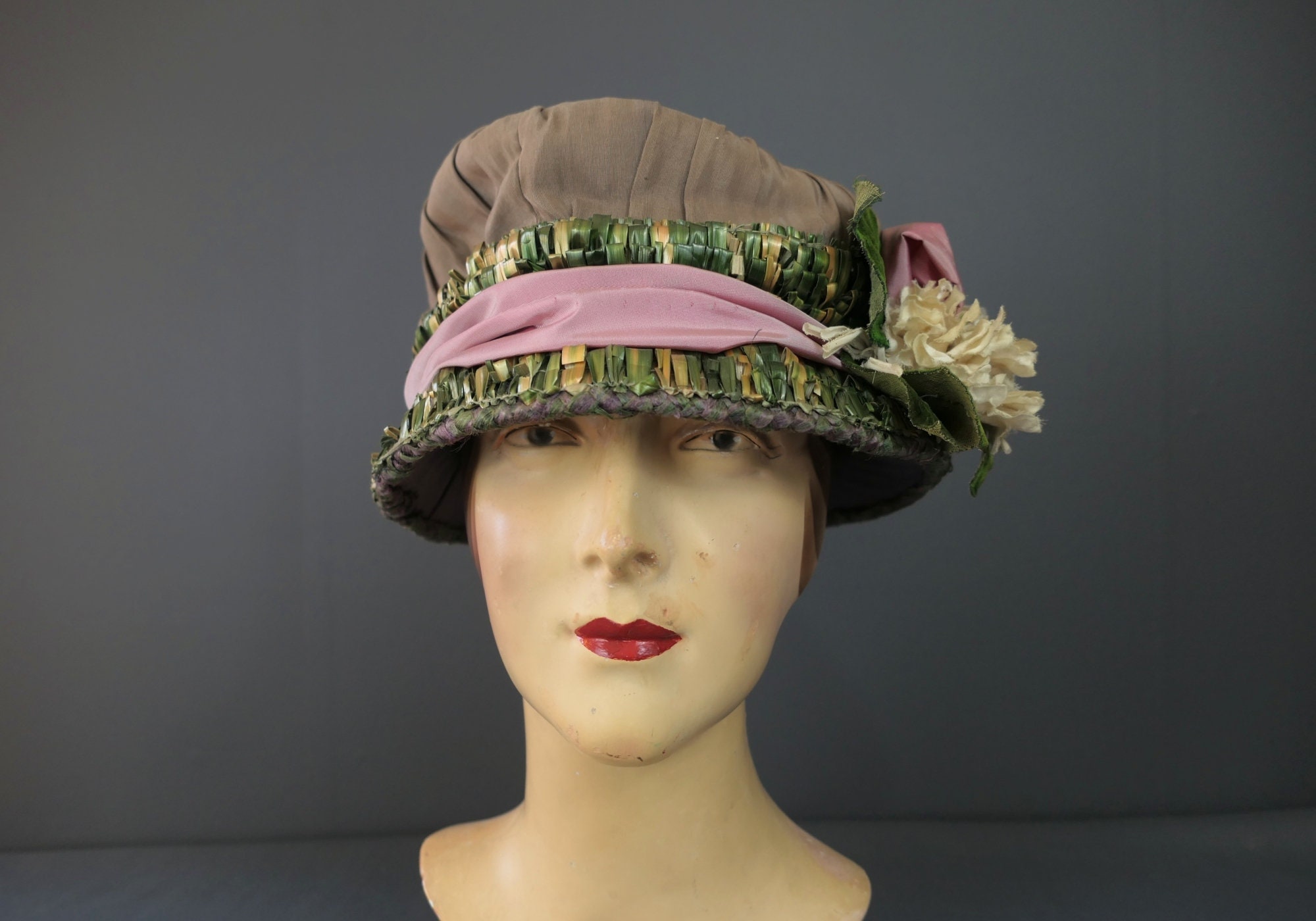 Vintage 1920s Silk Floral Hat With Straw Trim, Green, Brown 