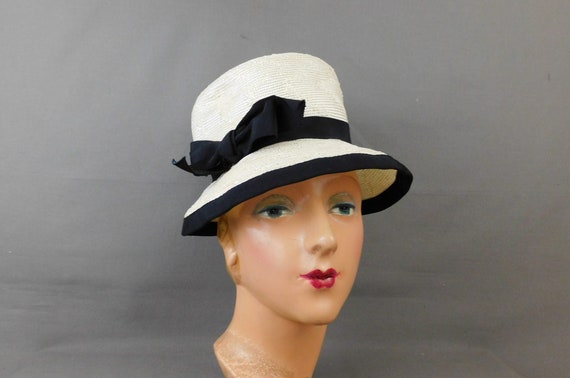 Vintage Ivory Straw Hat with Black Trim, Soft Bri… - image 1