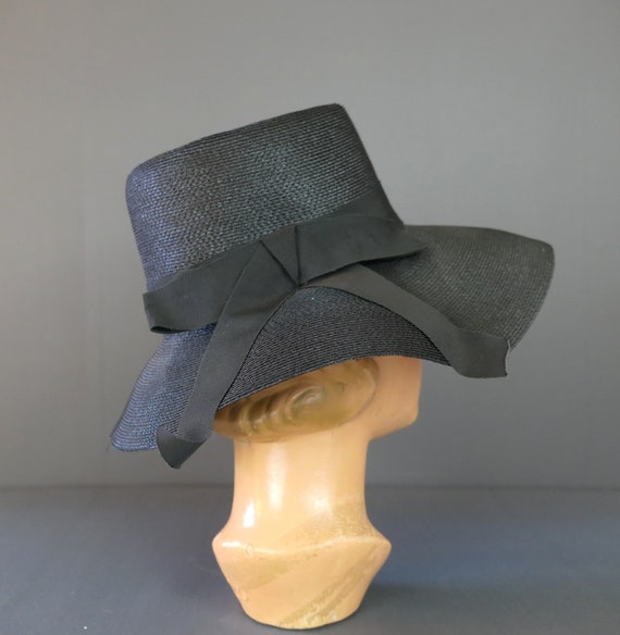 Vintage Black Straw Hat with Wide Soft Brim, 1960… - image 9