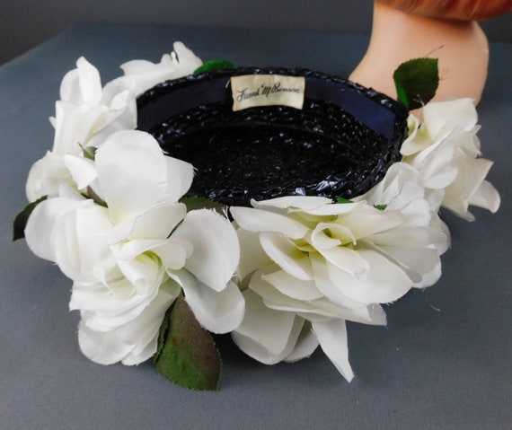 Vintage Navy Straw Hat with White Flowers, 1960s,… - image 9