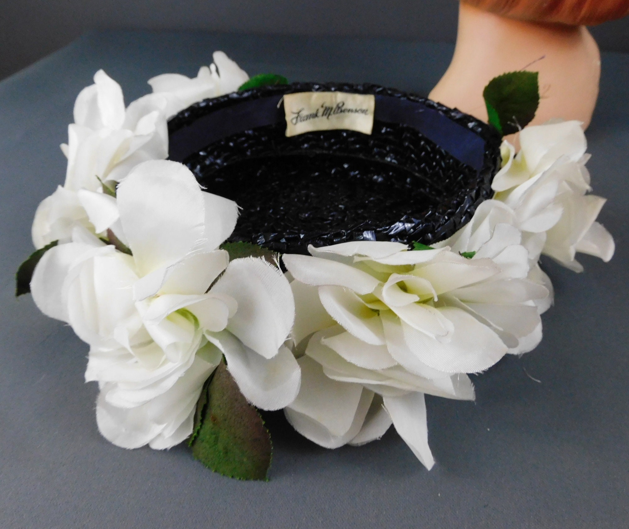 Vintage 1950s white straw hat with navy blue ribbon and white flowers She Had That Look About Her - Vintage 1930s 1940s Classic  main image 4