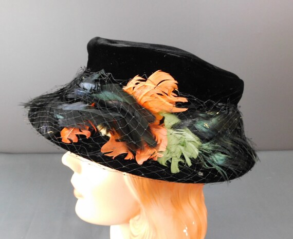 Vintage Black Velvet 1940s Hat with Black, Orange… - image 8