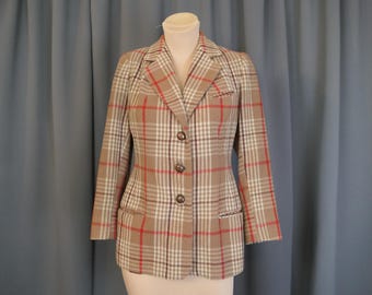 Vintage Brown Plaid Tailored Suit Jacket 1970s, 35 bust, Ivory and Red