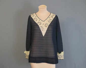 Vintage 1920s Dark Blue Blouse, Sheer Silk with Beaded Lace Collar, 34 bust, some issues