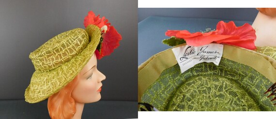 Vintage Sheer Green Raffia Hat with Large Back Fl… - image 10