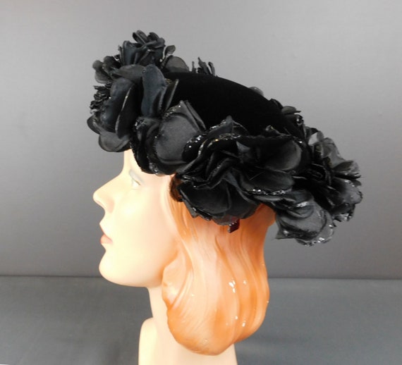 Vintage Black Velvet Hat with Glitter Flowers, 19… - image 8