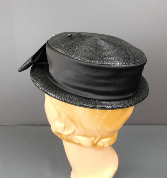 Vintage Black Straw Tilt Hat with Rhinestone Buck… - image 5