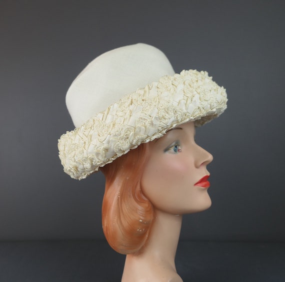 Vintage Ivory Straw & Fabric Hat with Curled Brim… - image 7