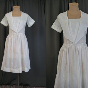 Vintage 1920s White Cotton Dress with Embroidered Flowers, XS Sheer Girl Teen
