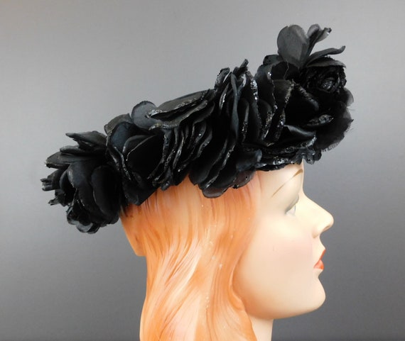 Vintage Black Velvet Hat with Glitter Flowers, 19… - image 4