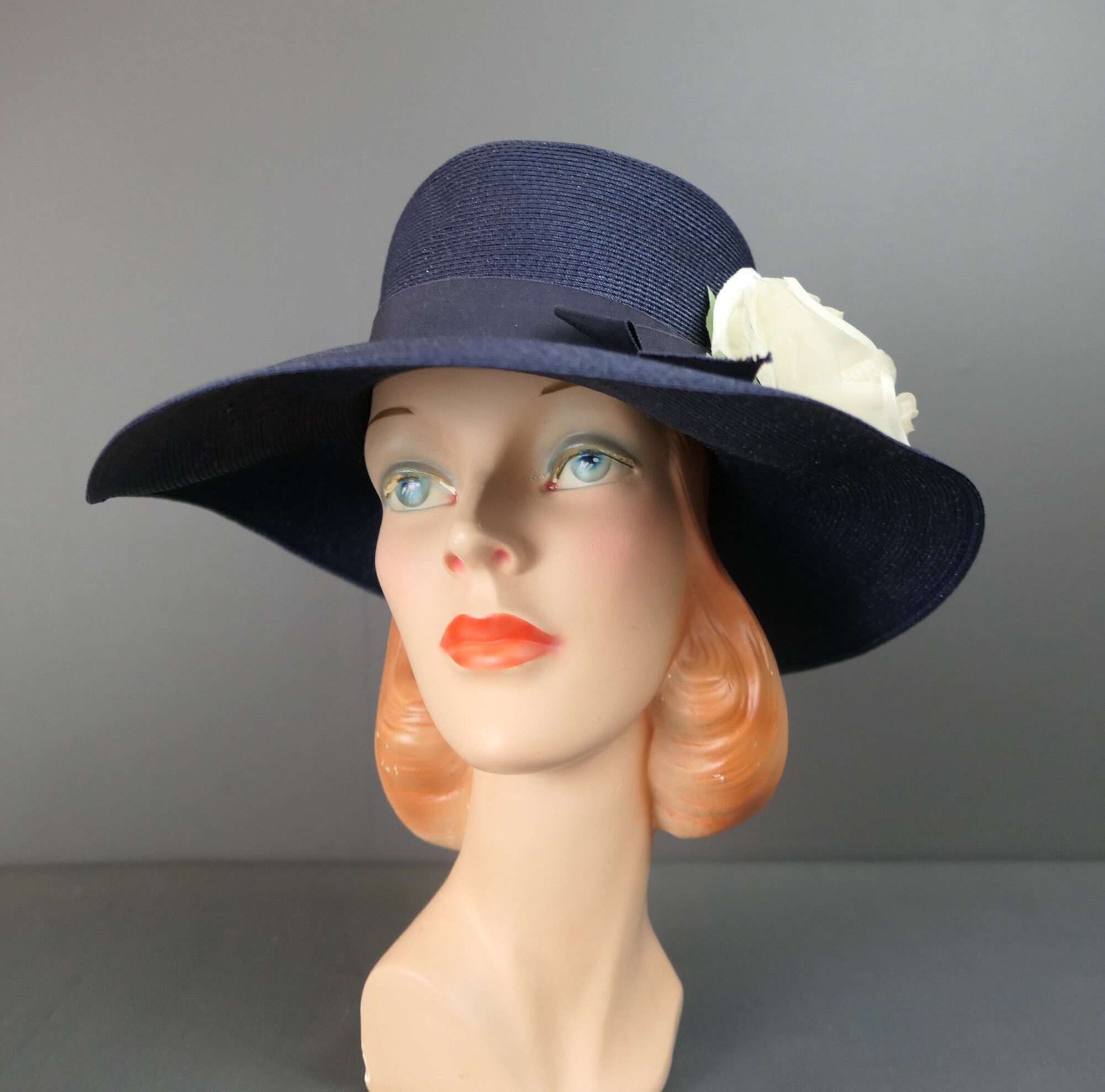 Vintage Blue Wide-Brimmed Straw Hat 1950s Navy Wide Brim Hat - Chic Dark Blue Faux Straw with  main image 2