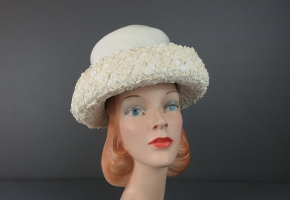Vintage Ivory Straw & Fabric Hat with Curled Brim… - image 1