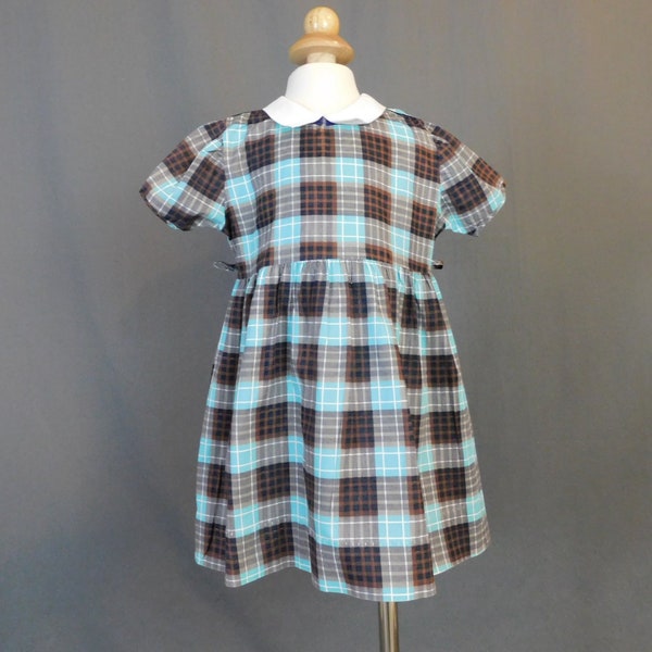 Vintage Aqua & Brown Plaid Toddler Little Girl Dress 1950s, 23 inch chest