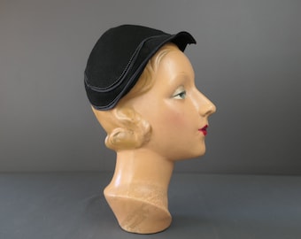 Vintage 1930s Black Felt Hat with Black Beads, 22 inch head, Open Back