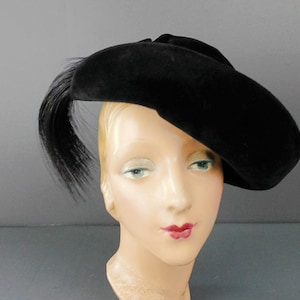 Vintage 1940s Hat Janette Colombier Adaptation, Black Plush Velour and Long Feathers