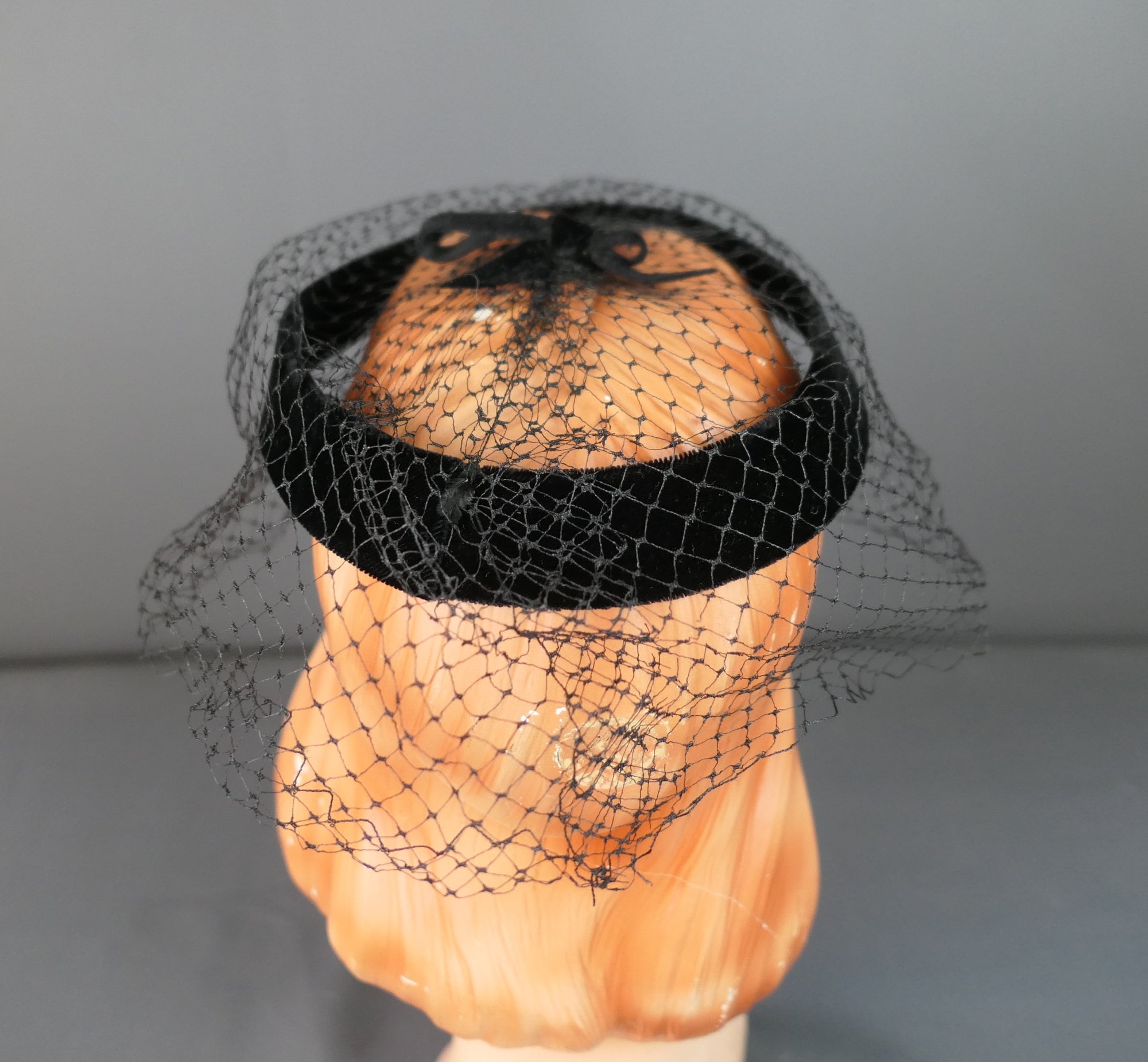 Vintage Black Velvet Ring Hat With Veil & Gold Trim, 1960s