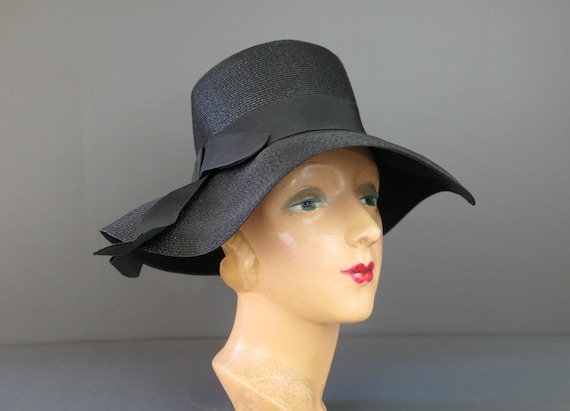 Vintage Black Straw Hat with Wide Soft Brim, 1960… - image 1