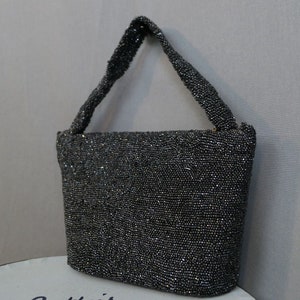 Vintage Black Beaded Evening Purse 1930s 1940s Sparkle Party Bag 8x6 inches image 4