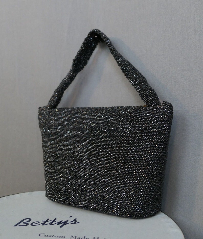 Vintage Black Beaded Evening Purse 1930s 1940s Sparkle Party Bag 8x6 inches image 4