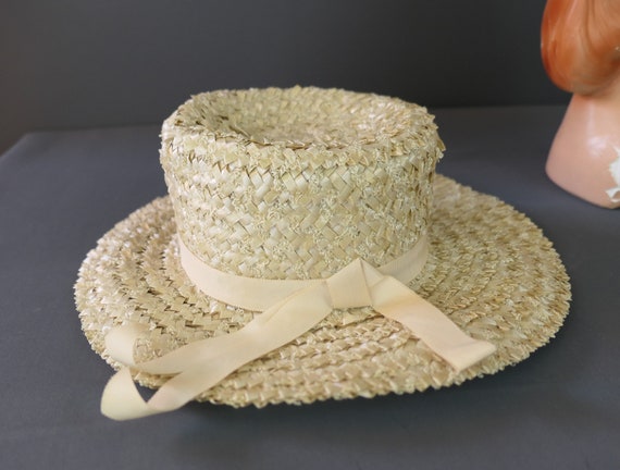 Vintage Ivory Straw Wide Brim Hat, 1960s, 22 inch… - image 9