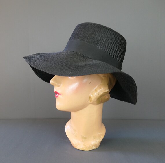Vintage Black Straw Hat with Wide Soft Brim, 1960… - image 3
