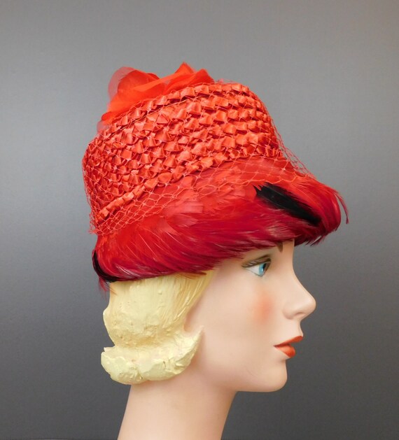 Vintage Red Straw Floral & Feathers Hat 1960s Val… - image 4