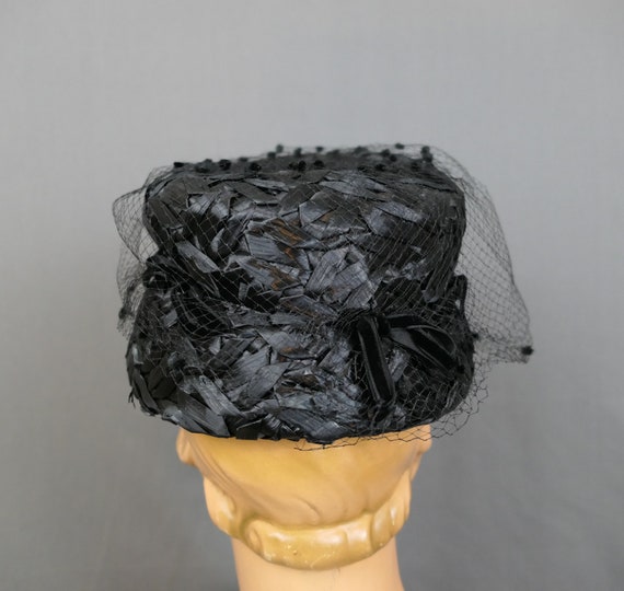 Vintage Black Raffia Straw Bucket Hat, 1960s with… - image 5