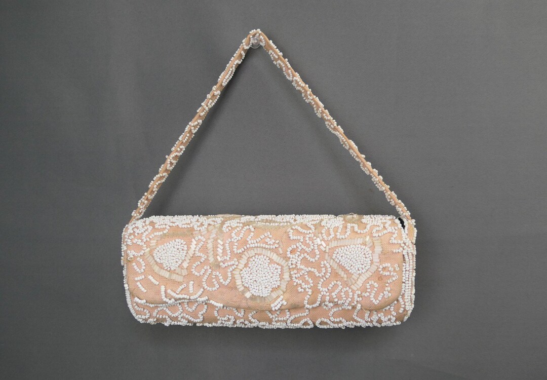 Vintage 1950s Beaded Linen Purse, Peach & White, Jolles, Small 8in
