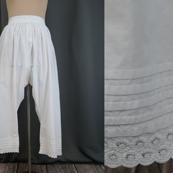 Antique Victorian Long White Pantaloons, Pettipants Bloomers, Handmade Circle Lace, 25 inch waist 1800s Split Crotch