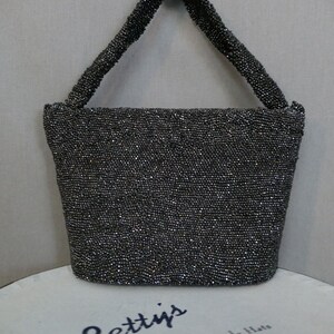 Vintage Black Beaded Evening Purse 1930s 1940s Sparkle Party Bag 8x6 inches image 3