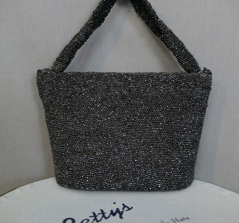 Vintage Black Beaded Evening Purse 1930s 1940s Sparkle Party Bag 8x6 inches image 3