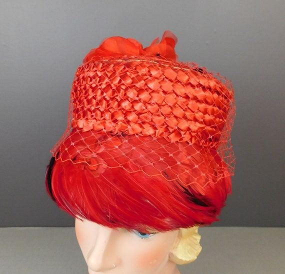 Vintage Red Straw Floral & Feathers Hat 1960s Val… - image 8