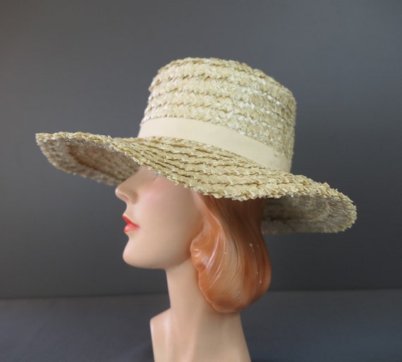 Vintage Ivory Straw Wide Brim Hat, 1960s, 22 inch… - image 5