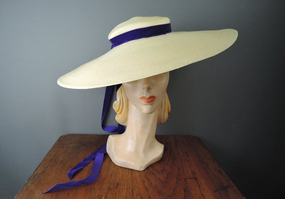 Vintage 1940s Wide Brim Straw Hat Large 18 inches