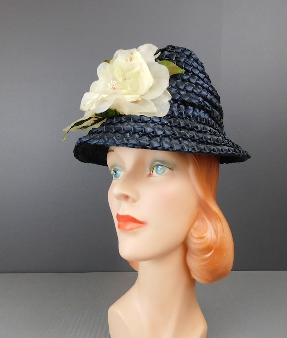 Vintage Tall Dark Blue Straw Hat with Ivory Flowe… - image 2