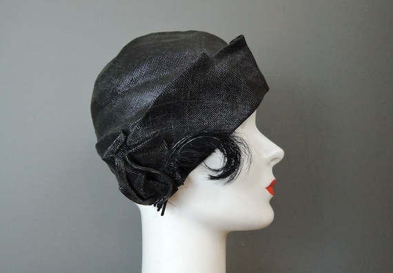 Vintage 1920s Cloche Hat, Fine Black Straw with Fe