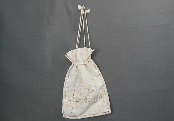 Antique Embroidered Linen Bag with Drawstring, Ed… - image 2