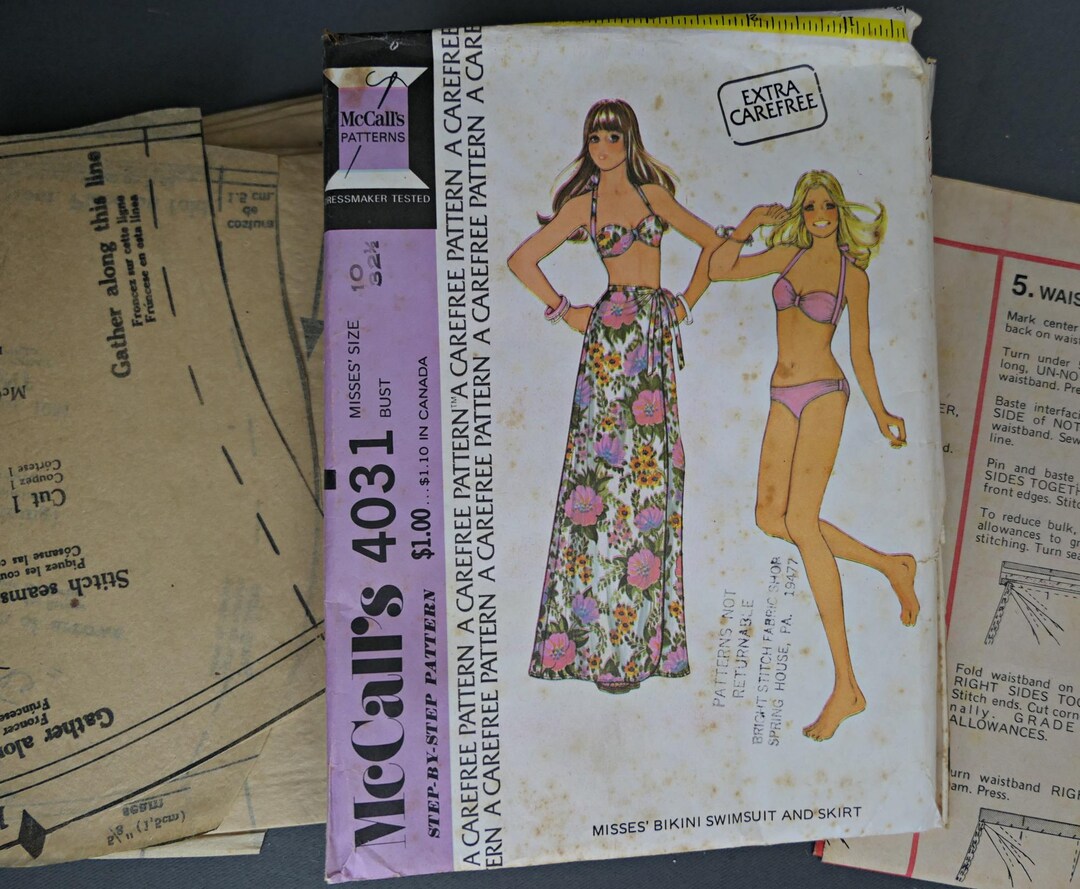 Vintage Sewing Pattern 2 Piece Swimsuit Bikini and Long Sarong Skirt ...