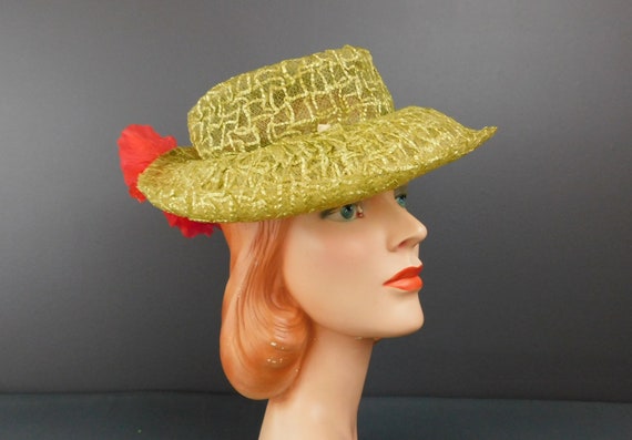 Vintage Sheer Green Raffia Hat with Large Back Fl… - image 1