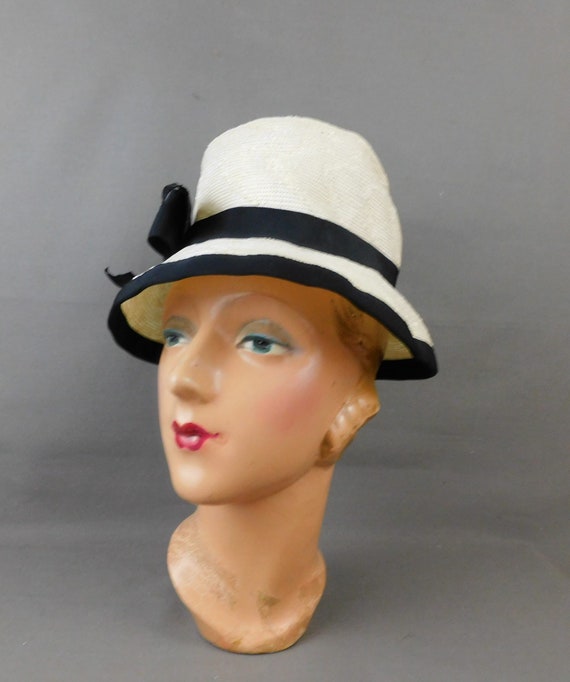 Vintage Ivory Straw Hat with Black Trim, Soft Bri… - image 7