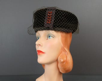 Vintage 1960’s Veiled Feather Ring Hat Vintage Black Feather Hat Satin Ring With Open Top and Veil  main image 2