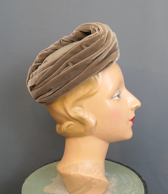 Vintage Velvet & Satin Hat, Light Brown Turban St… - image 7