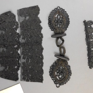 3 Antique Black Lace Victorian Lace Remnants and Trim with Provenance notes 1800s Passementerie