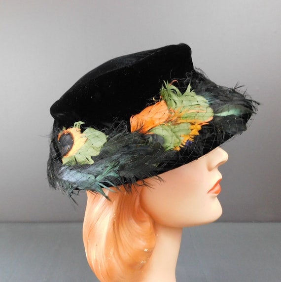 Vintage Black Velvet 1940s Hat with Black, Orange… - image 5