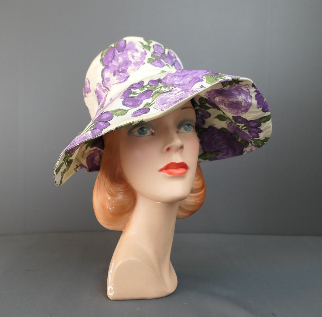 Vintage Purple Floral Taffeta Hat With Wide Brim 1950s, 21 Inch Head - Etsy