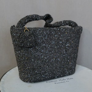 Vintage Black Beaded Evening Purse 1930s 1940s Sparkle Party Bag 8x6 inches image 6