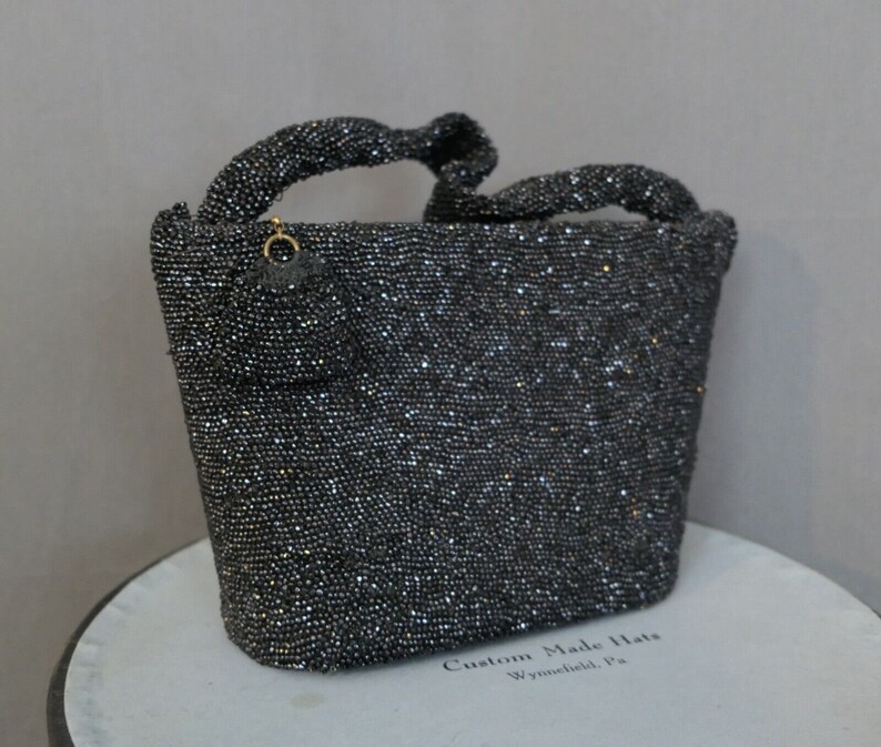 Vintage Black Beaded Evening Purse 1930s 1940s Sparkle Party Bag 8x6 inches image 6