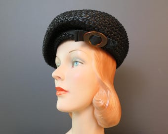 Vintage 50s Raffia Hat Navy Blue Round Swirl Beret an  display picture 2