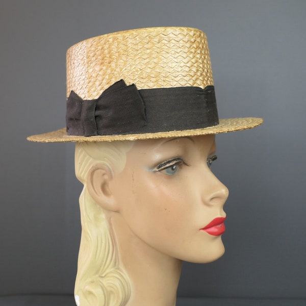Vintage Man's Straw Hat with Black Band & Molded Top, some issues, small