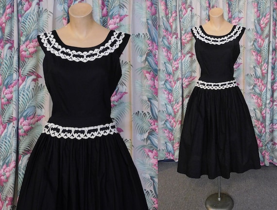 Vintage 1950s Black Dress with White Lace Trim, f… - image 1